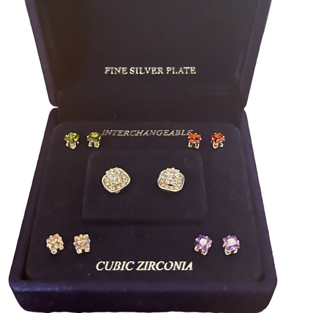 silver plate cubic zirconia interchangeable post earring red pink green purple